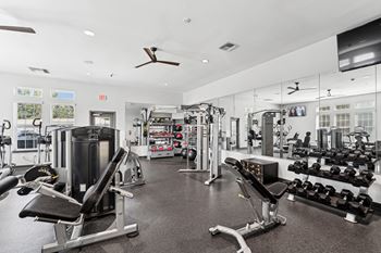 A gym with a variety of equipment including a weight bench, a squat rack, and a treadmill.